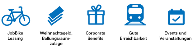 Beschriftete Grafiken: JobBike Leasing, Weihnachtsgeld und Ballungsraumzulage, Corporate Benefits, Gute Erreichbarkeit, Events und Veranstaltungen