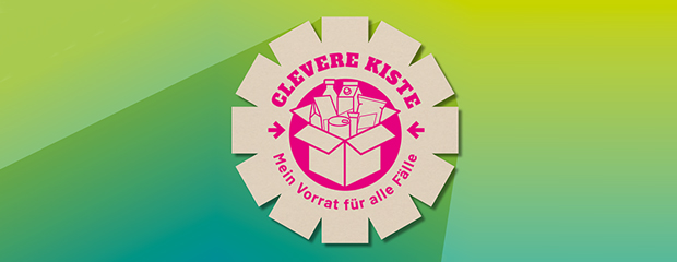 Runder Schriftzug Clevere Kiste, Mein Vorrat für alle Fälle um Grafik mit gefüllter Kiste 