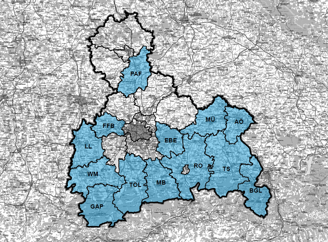Übersicht der oberbayerischen Landratsämter mit Biodiversitätsberatenden. Karte der 13 Landratsämter in Oberbayern mit Biodiversitätsberatenden