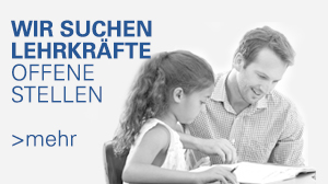 Schriftbild: Wir suchen Lehrkräfte, Offene Stellen, Link zur Lehrkräfte Stellen-Seite